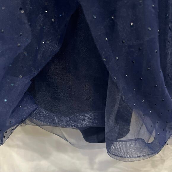 La Femme Sheer Fit & Flare Cocktail Dress Rhinestone Tulle Midnight Navy Blue - Picture 14 of 16